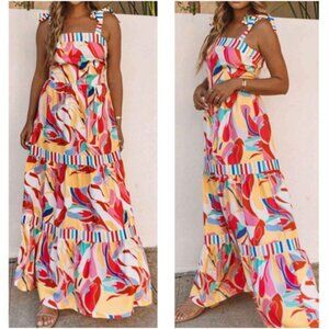 Colorful Stripe Floral Print Shoulder Tie Maxi Dress